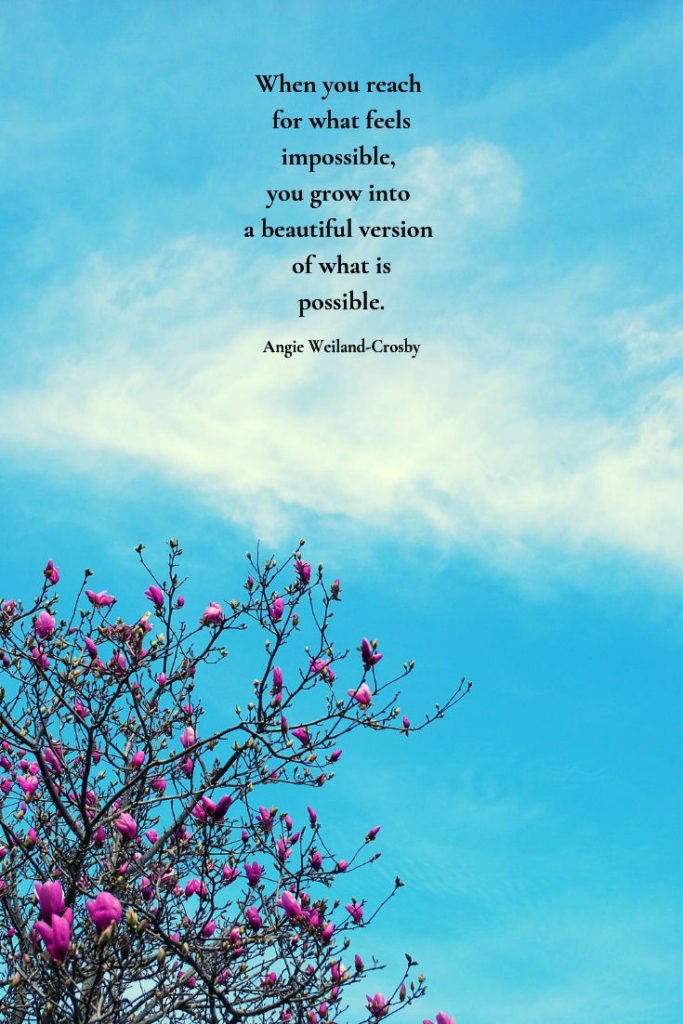 inspirational quote | motivational quote | perseverance quote | a picture of nature with a pink blossoming tree, clouds, and a blue sky | 