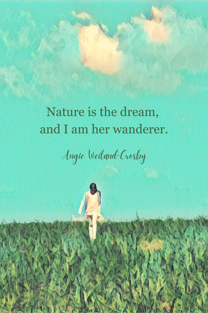 wanderlust quote with an enchanting girl in a green meadow . . . 